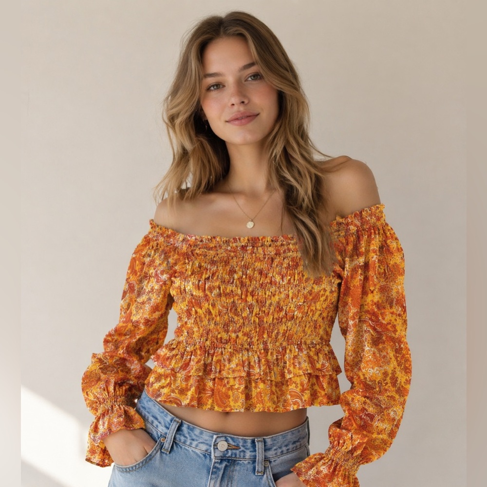 Boho Off Shoulder Smocked Peasant Top Floral Paisley Crop Blouse